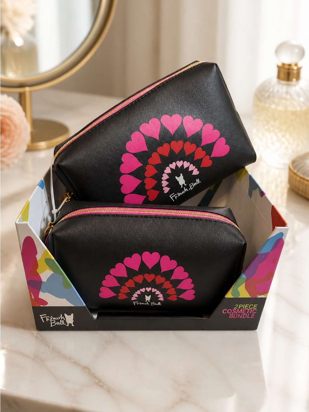 NIB French Bull 2 Piece Black and Pink Cosmetic Bag Set Heart Graphics